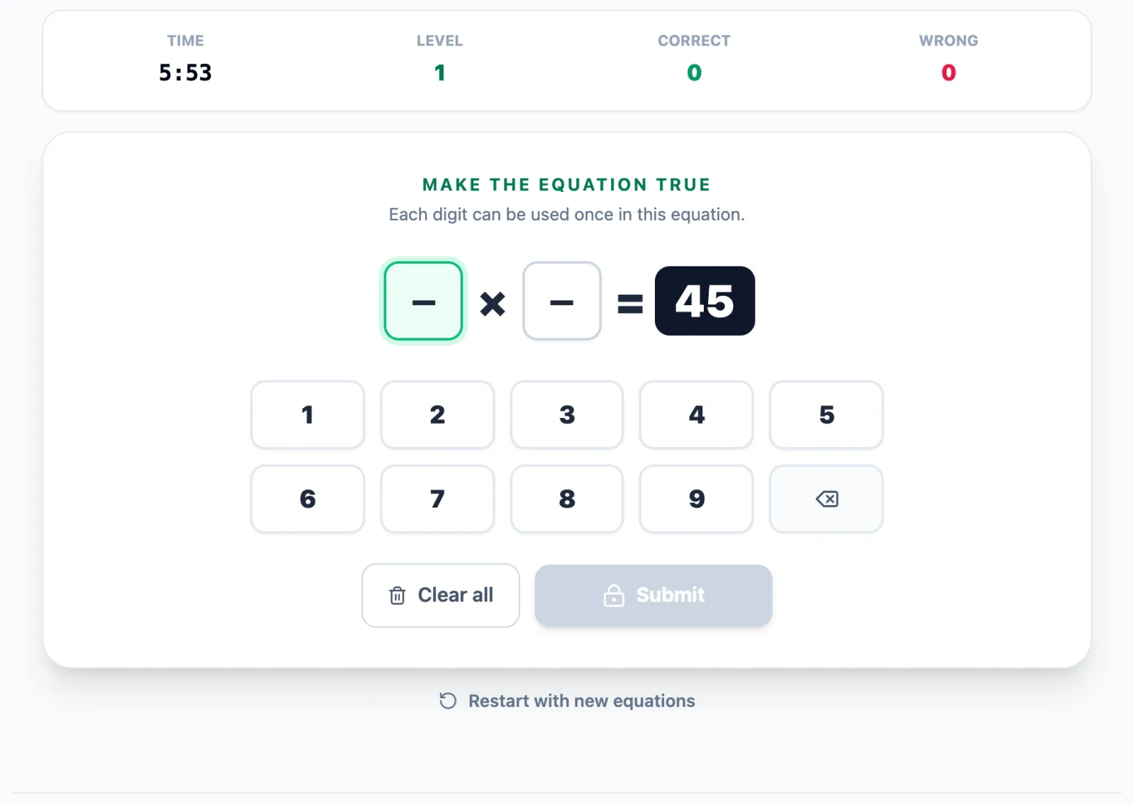 Digit Challenge practice round on Game Assessment Prep — Fill equation gaps with unique digits 1–9 so the expression reaches the target.