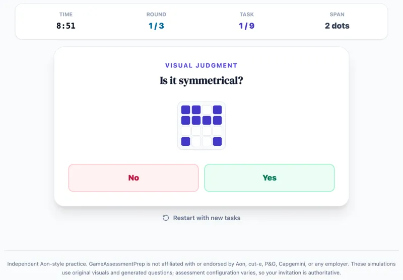 Grid Challenge practice round on Game Assessment Prep — Remember ordered dots while switching to symmetry, rotation and figure-combination judgments.