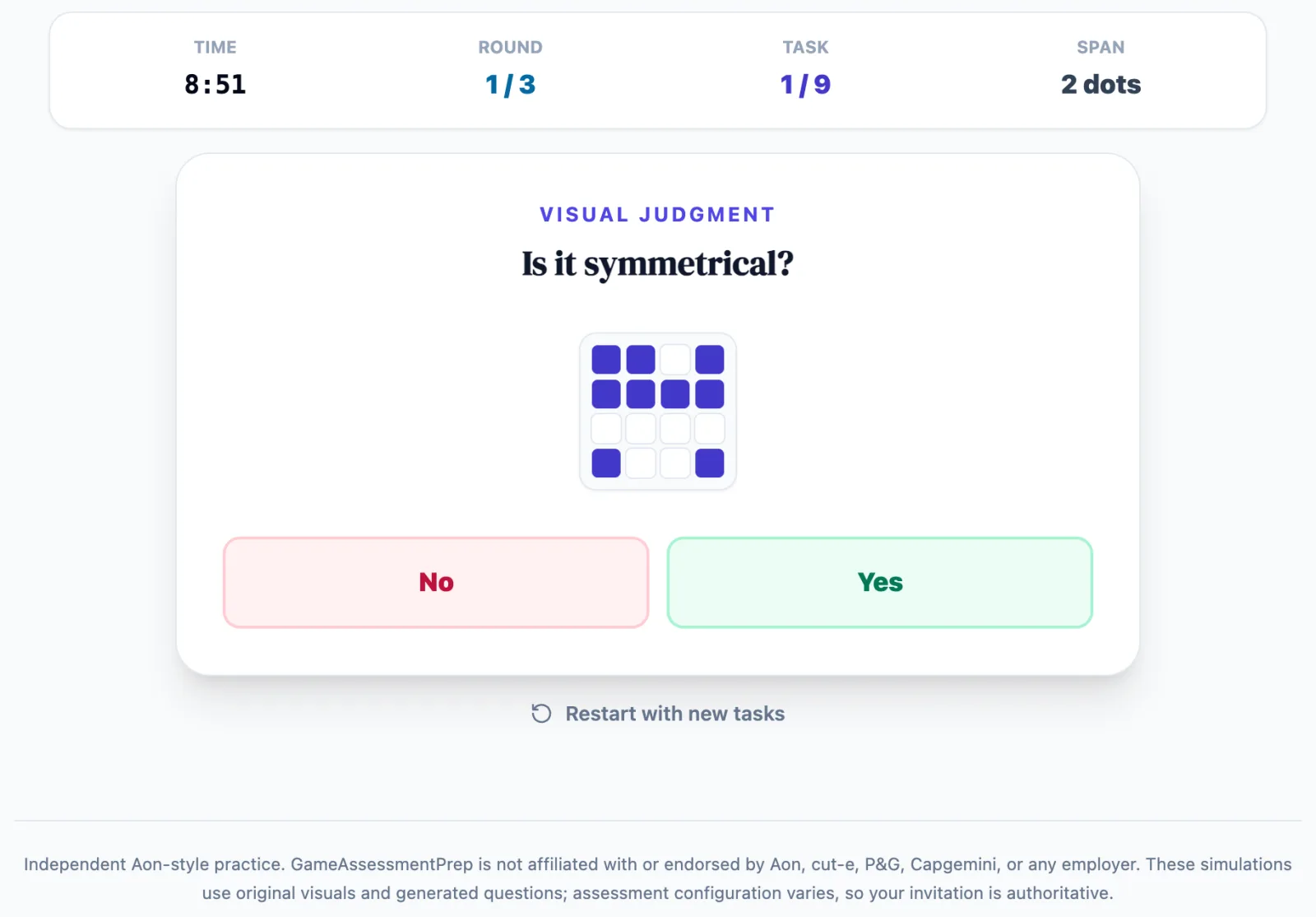 Grid Challenge practice round on Game Assessment Prep — Remember ordered dots while switching to symmetry, rotation and figure-combination judgments.