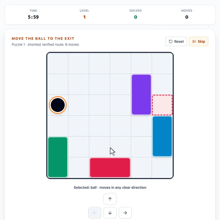 Motion Challenge practice round on Game Assessment Prep — Open a route and move the ball to the exit in solver-verified sliding-block puzzles.
