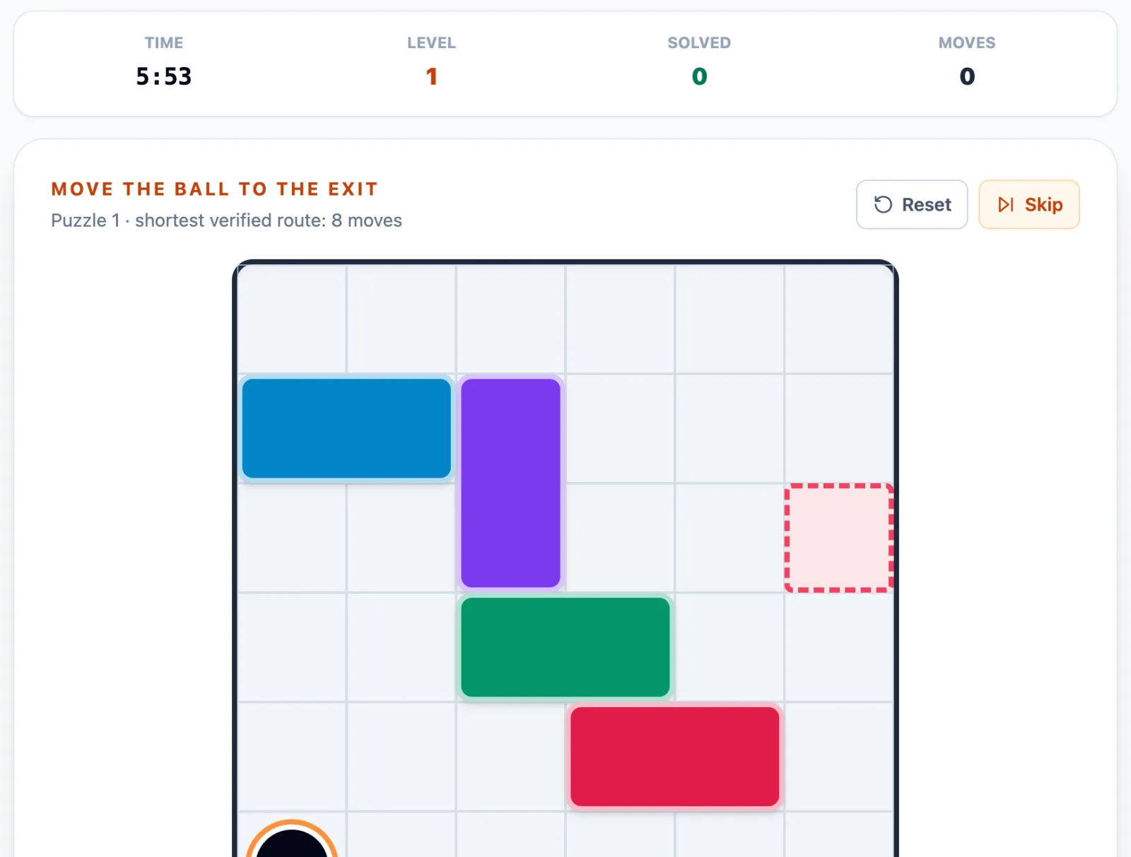 Motion Challenge practice round on Game Assessment Prep — Open a route and move the ball to the exit in solver-verified sliding-block puzzles.