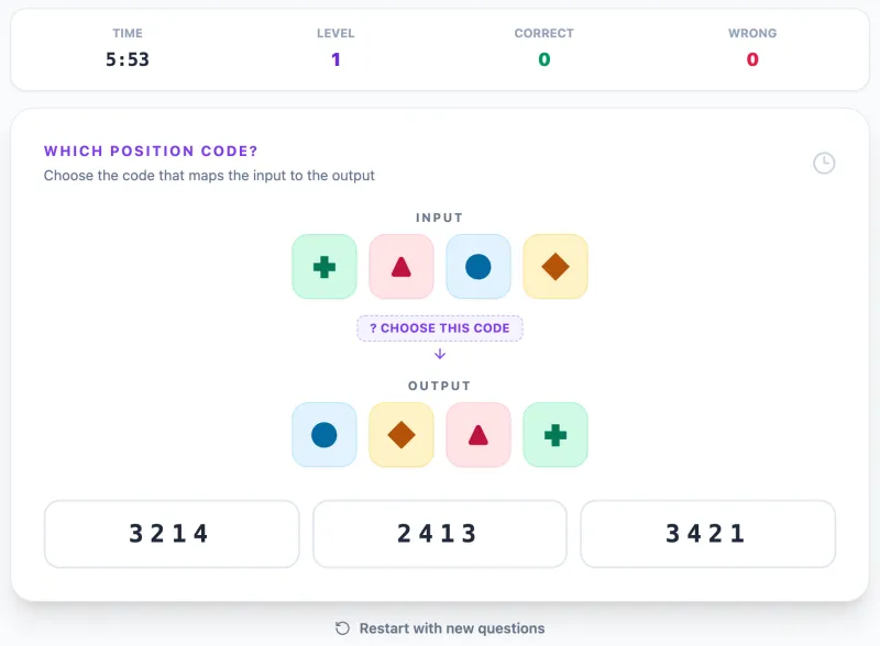 Switch Challenge practice round on Game Assessment Prep — Decode which four-digit position rule transforms the input symbols into the output.