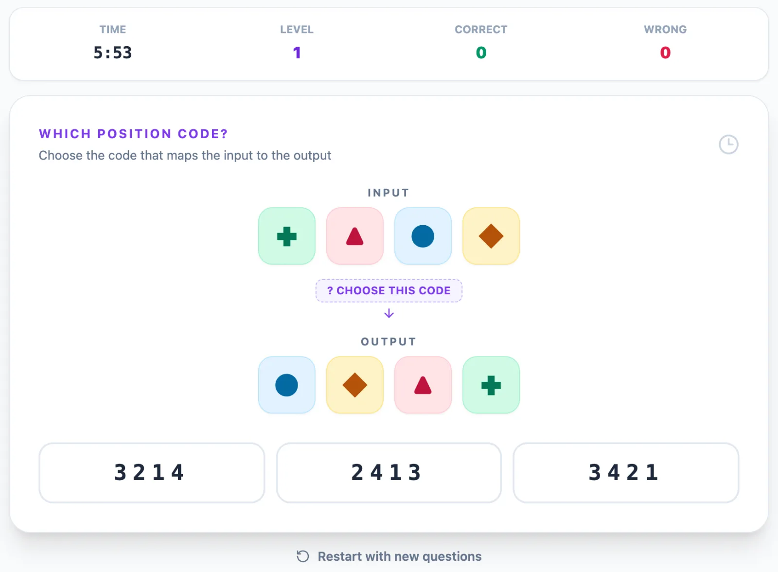 Switch Challenge practice round on Game Assessment Prep — Decode which four-digit position rule transforms the input symbols into the output.