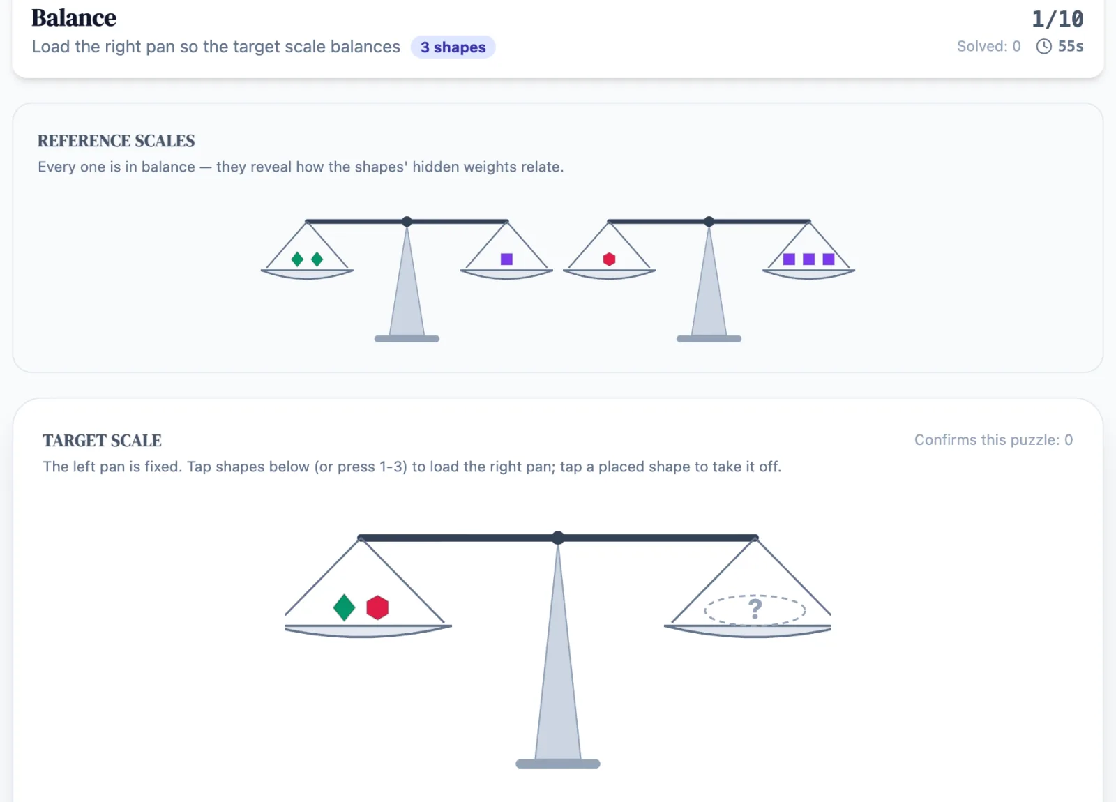 Balance practice round on Game Assessment Prep — Infer hidden shape weights from reference scales, then balance the target.