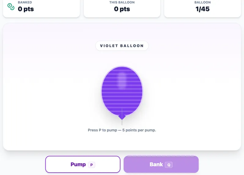 Balloon practice round on Game Assessment Prep — Pump for fixed rewards, bank before the burst, and learn each colour’s pattern.