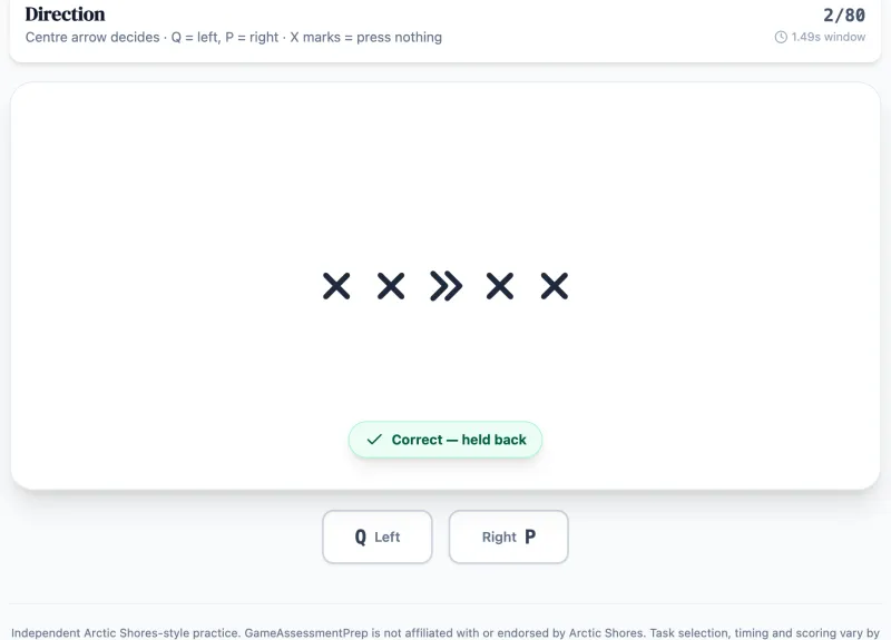 Direction practice round on Game Assessment Prep — Respond to the centre arrow with Q and P while shape-shifting distractors accelerate.