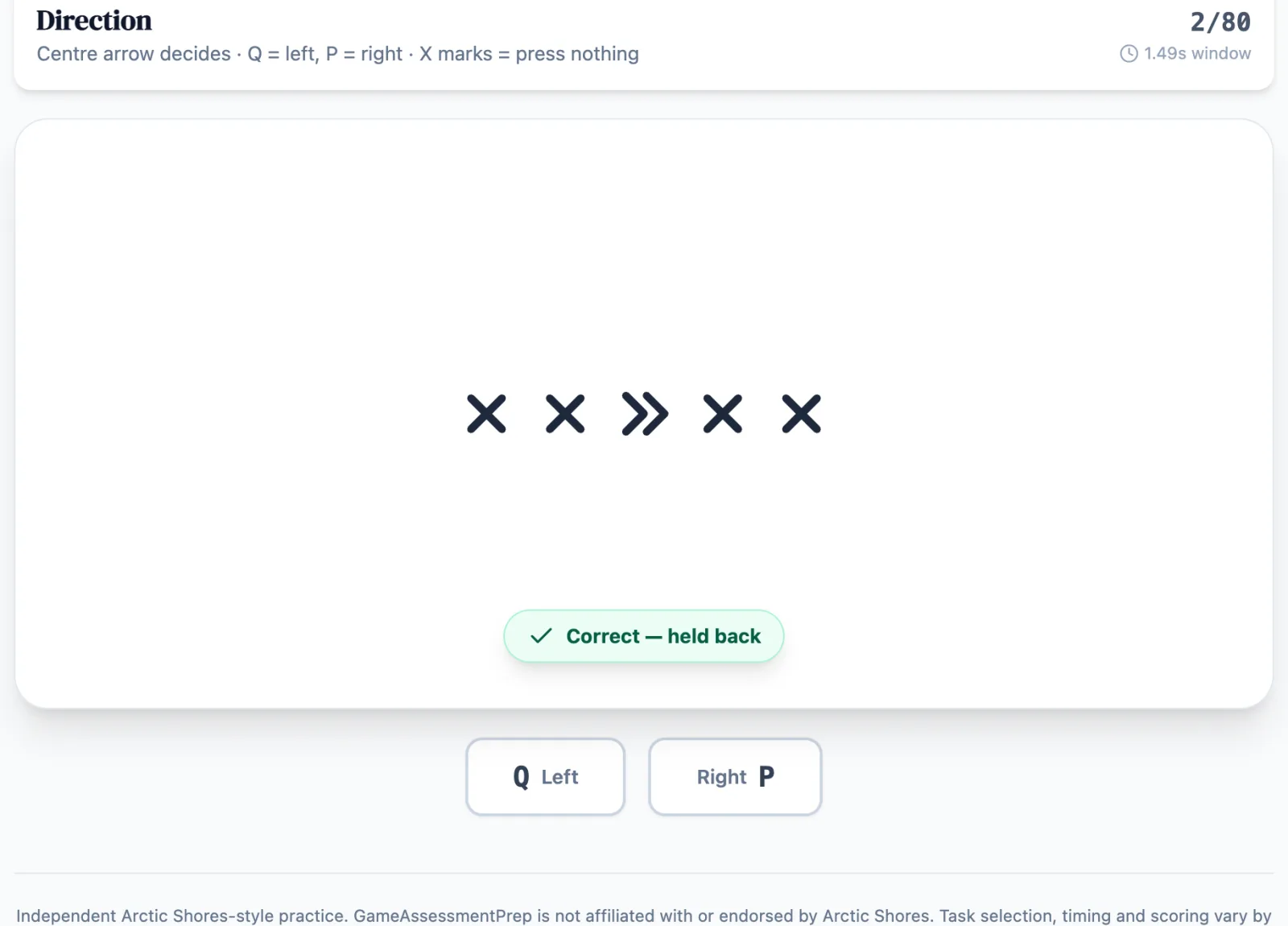 Direction practice round on Game Assessment Prep — Respond to the centre arrow with Q and P while shape-shifting distractors accelerate.