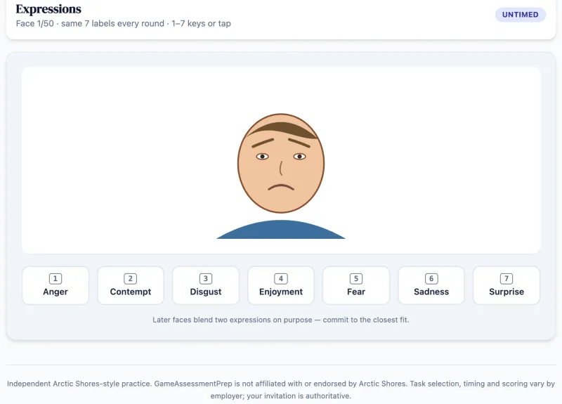 Expressions practice round on Game Assessment Prep — Label 50 faces against the fixed seven-emotion menu as ambiguity ramps.
