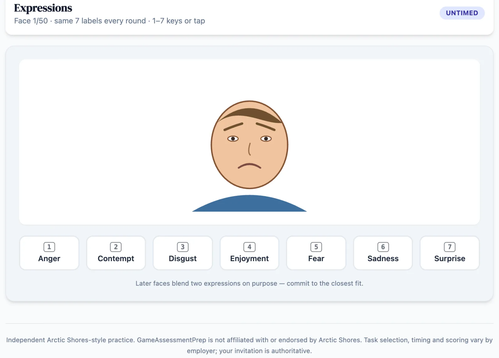 Expressions practice round on Game Assessment Prep — Label 50 faces against the fixed seven-emotion menu as ambiguity ramps.