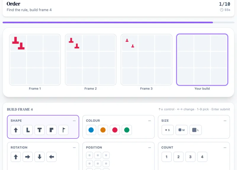 Order practice round on Game Assessment Prep — Deduce the rules from three frames, then construct the fourth from scratch.