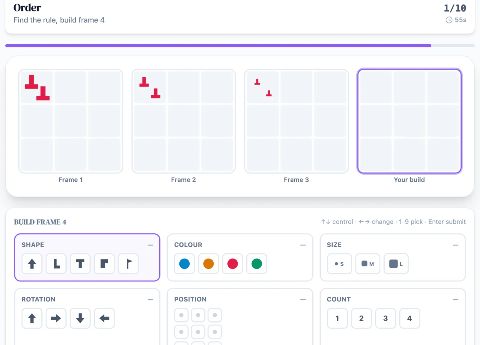 Order practice round on Game Assessment Prep — Deduce the rules from three frames, then construct the fourth from scratch.