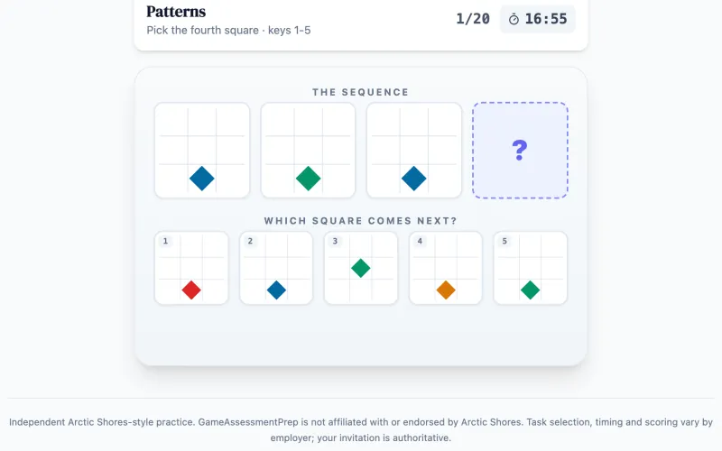 Patterns practice round on Game Assessment Prep — Induce multi-rule sequences and pick the next square — 20 items, one 17-minute clock.