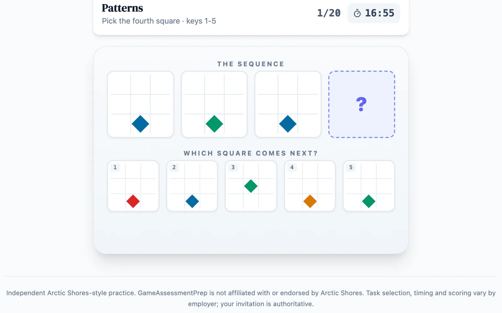 Patterns practice round on Game Assessment Prep — Induce multi-rule sequences and pick the next square — 20 items, one 17-minute clock.