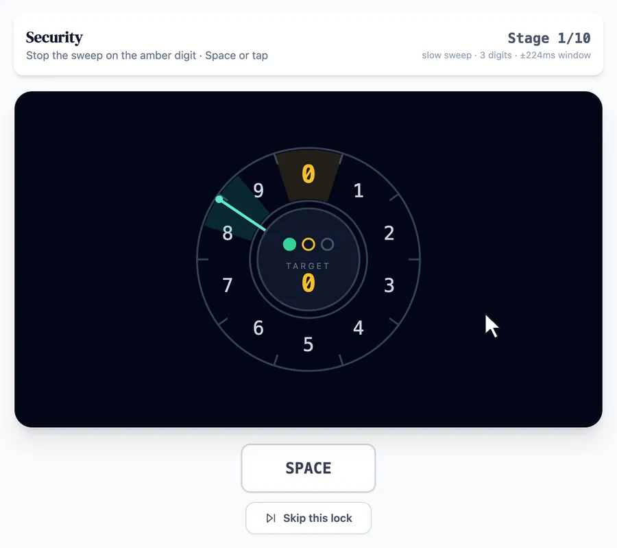 Security practice round on Game Assessment Prep — Stop the sweeping dial exactly on the target digit — a miss resets the whole passcode.