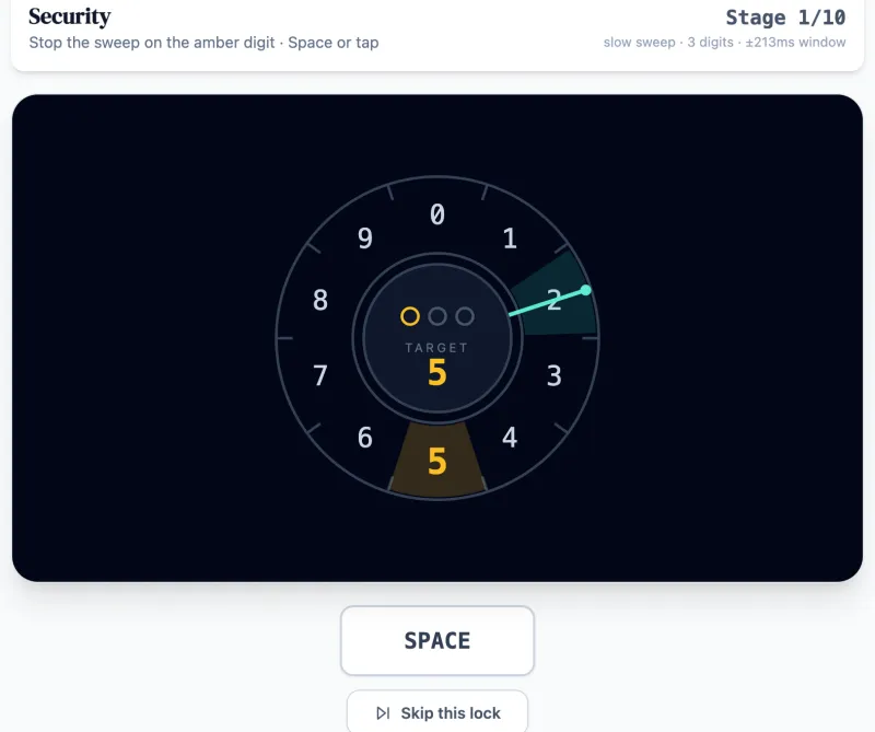 Security practice round on Game Assessment Prep — Stop the sweeping dial exactly on the target digit — a miss resets the whole passcode.