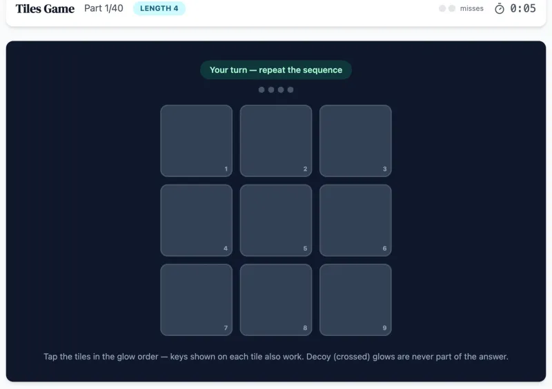 Tiles practice round on Game Assessment Prep — Reproduce lengthening tile sequences while distractor icons fight your focus.