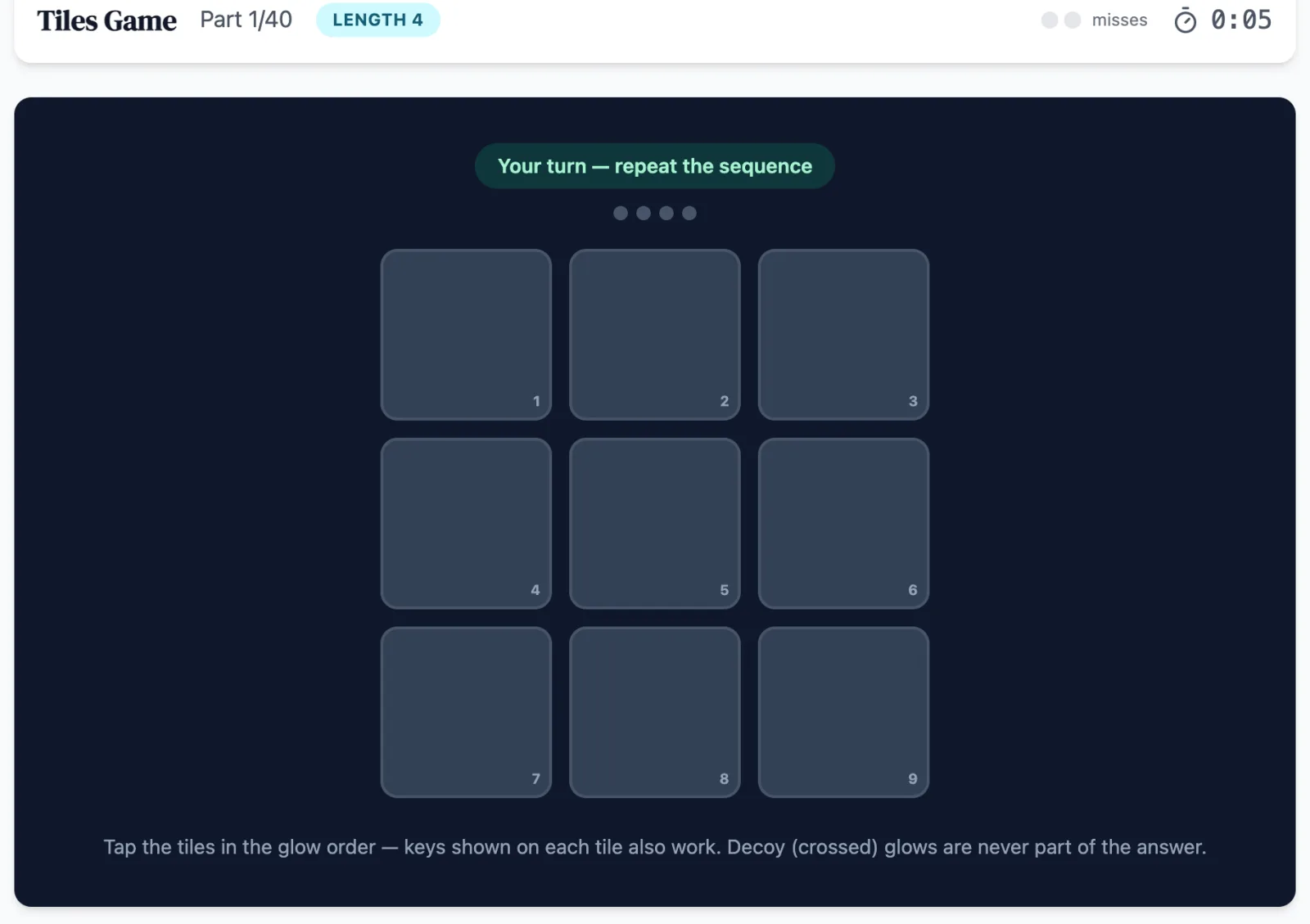 Tiles practice round on Game Assessment Prep — Reproduce lengthening tile sequences while distractor icons fight your focus.