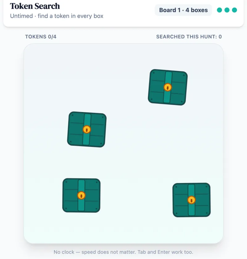 Token Search practice round on Game Assessment Prep — Find every hidden token without re-checking a box — untimed, three lives.