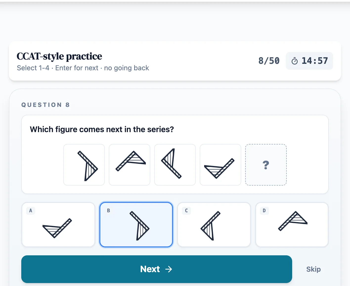 CCAT Test practice round on Game Assessment Prep — 50 original verbal, math and logic, and spatial questions in 15 minutes, with a raw score and every answer explained.