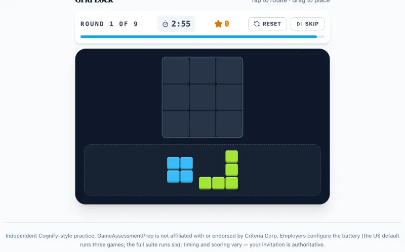Grid Lock practice round on Game Assessment Prep — Rotate and pack every piece into the grid — up to 9 puzzles in 3 minutes.