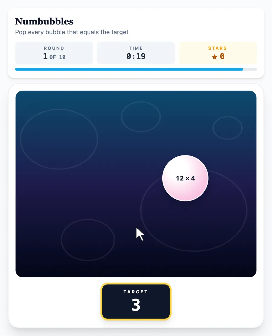 Numbubbles practice round on Game Assessment Prep — Pop the bubbles whose equations hit the target — 10 rounds of 20 seconds, streak scoring.