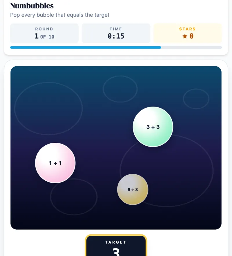 Numbubbles practice round on Game Assessment Prep — Pop the bubbles whose equations hit the target — 10 rounds of 20 seconds, streak scoring.