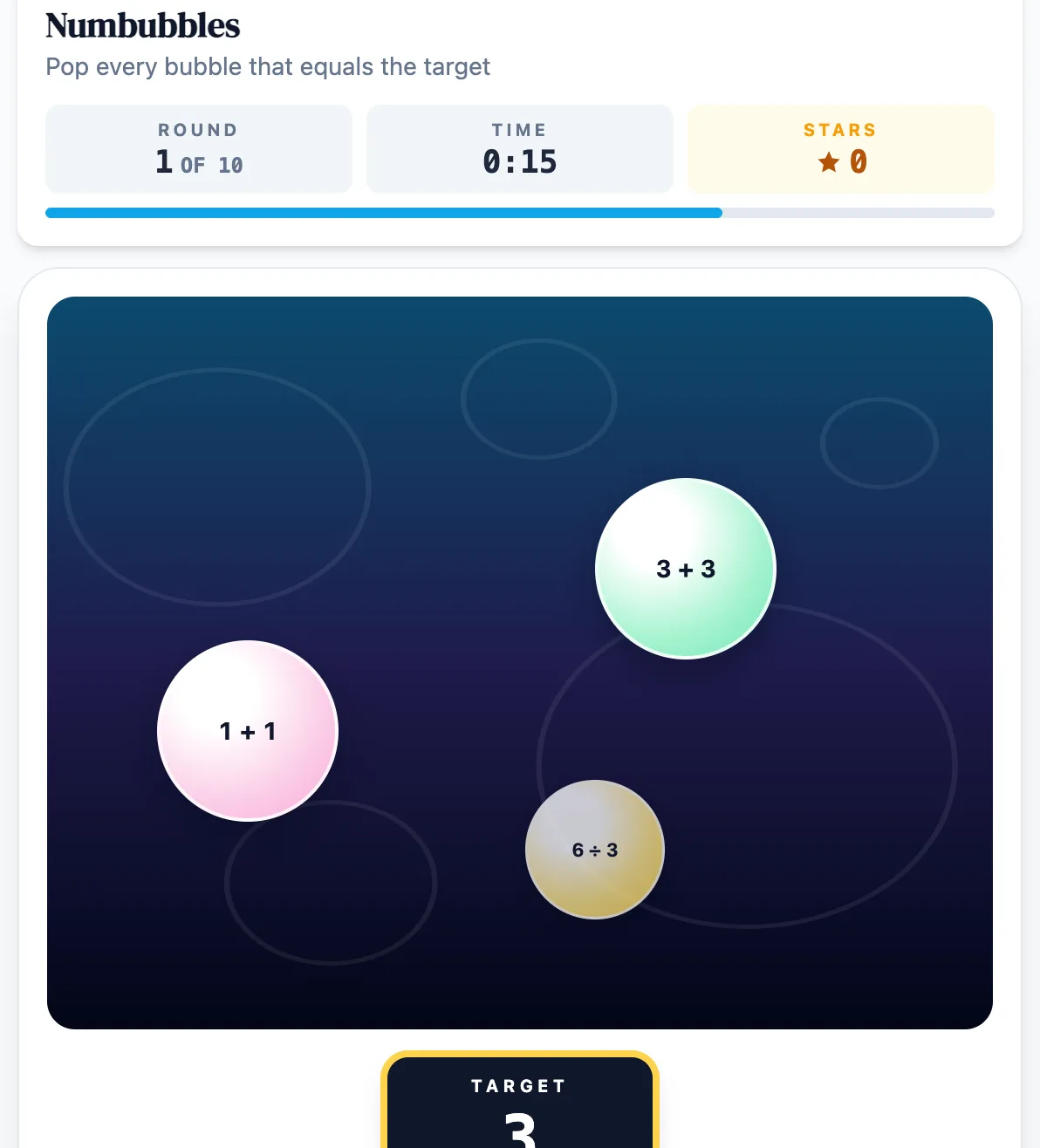 Numbubbles practice round on Game Assessment Prep — Pop the bubbles whose equations hit the target — 10 rounds of 20 seconds, streak scoring.