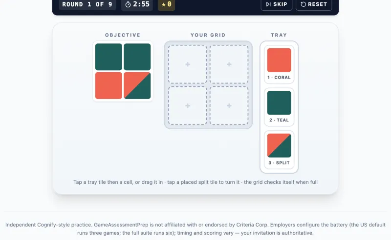 Resemble practice round on Game Assessment Prep — Rebuild the pattern — rotated when told — up to 9 rounds in 3 minutes.
