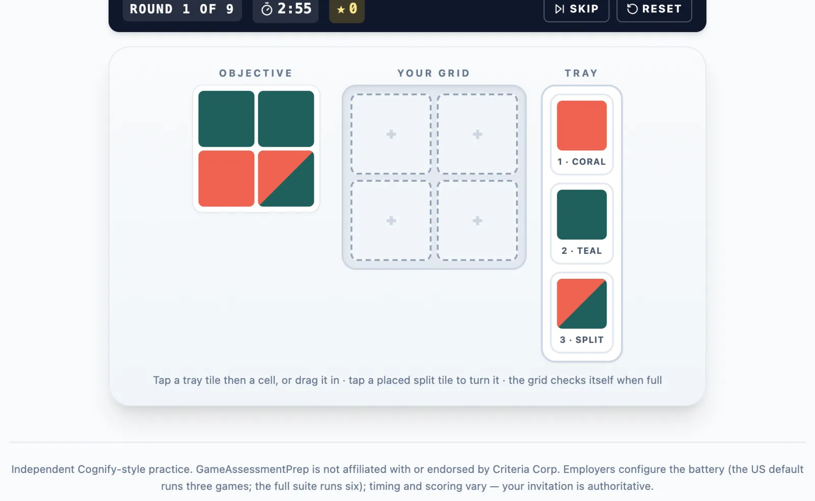 Resemble practice round on Game Assessment Prep — Rebuild the pattern — rotated when told — up to 9 rounds in 3 minutes.
