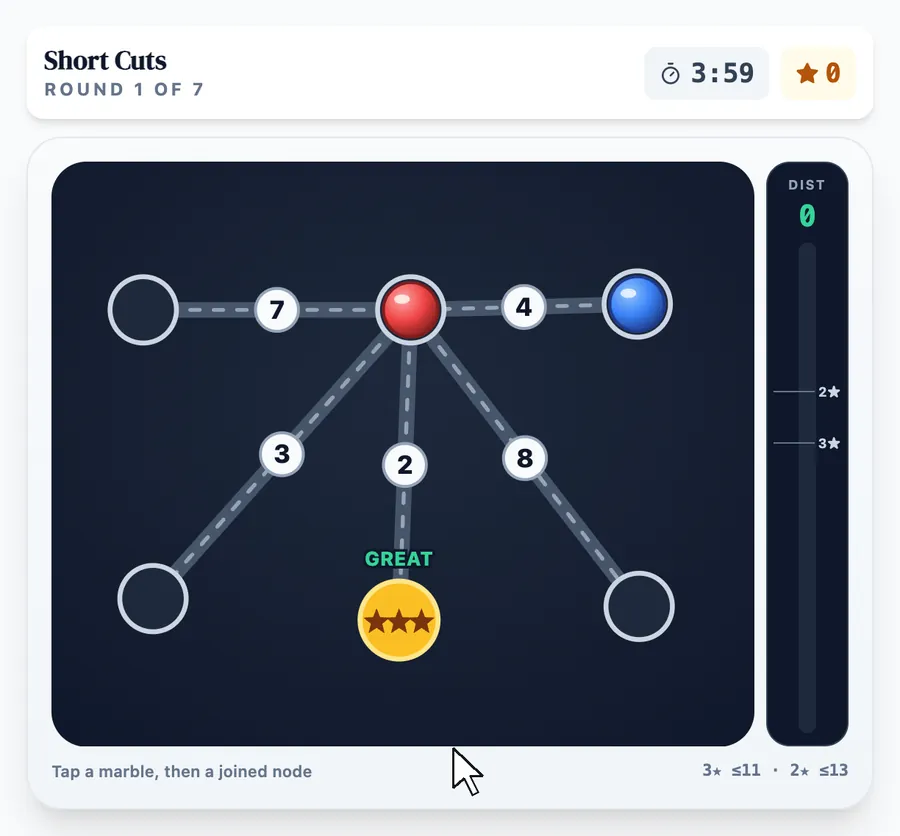 Short Cuts practice round on Game Assessment Prep — Route the marble to the star in the fewest track-units — 7 puzzles, one 4-minute clock.