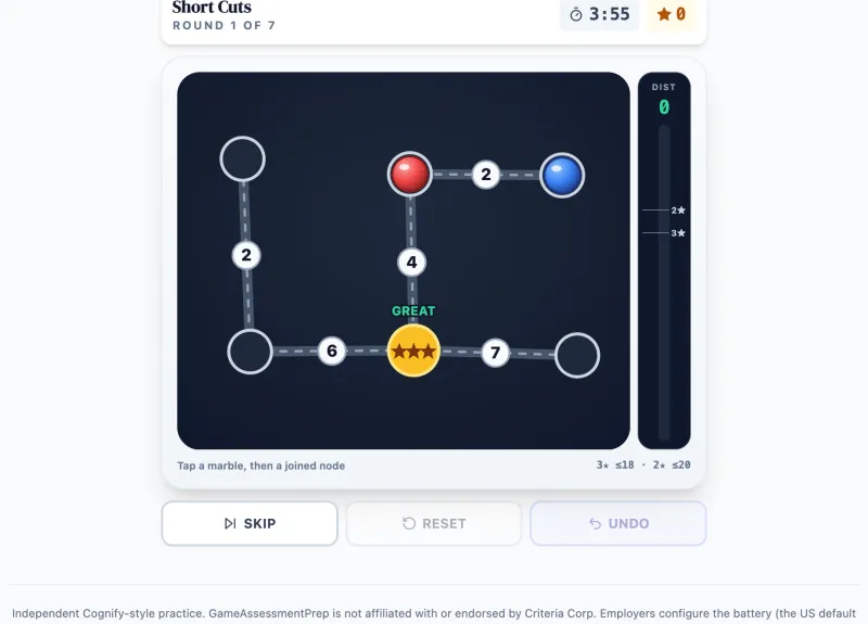 Short Cuts practice round on Game Assessment Prep — Route the marble to the star in the fewest track-units — 7 puzzles, one 4-minute clock.