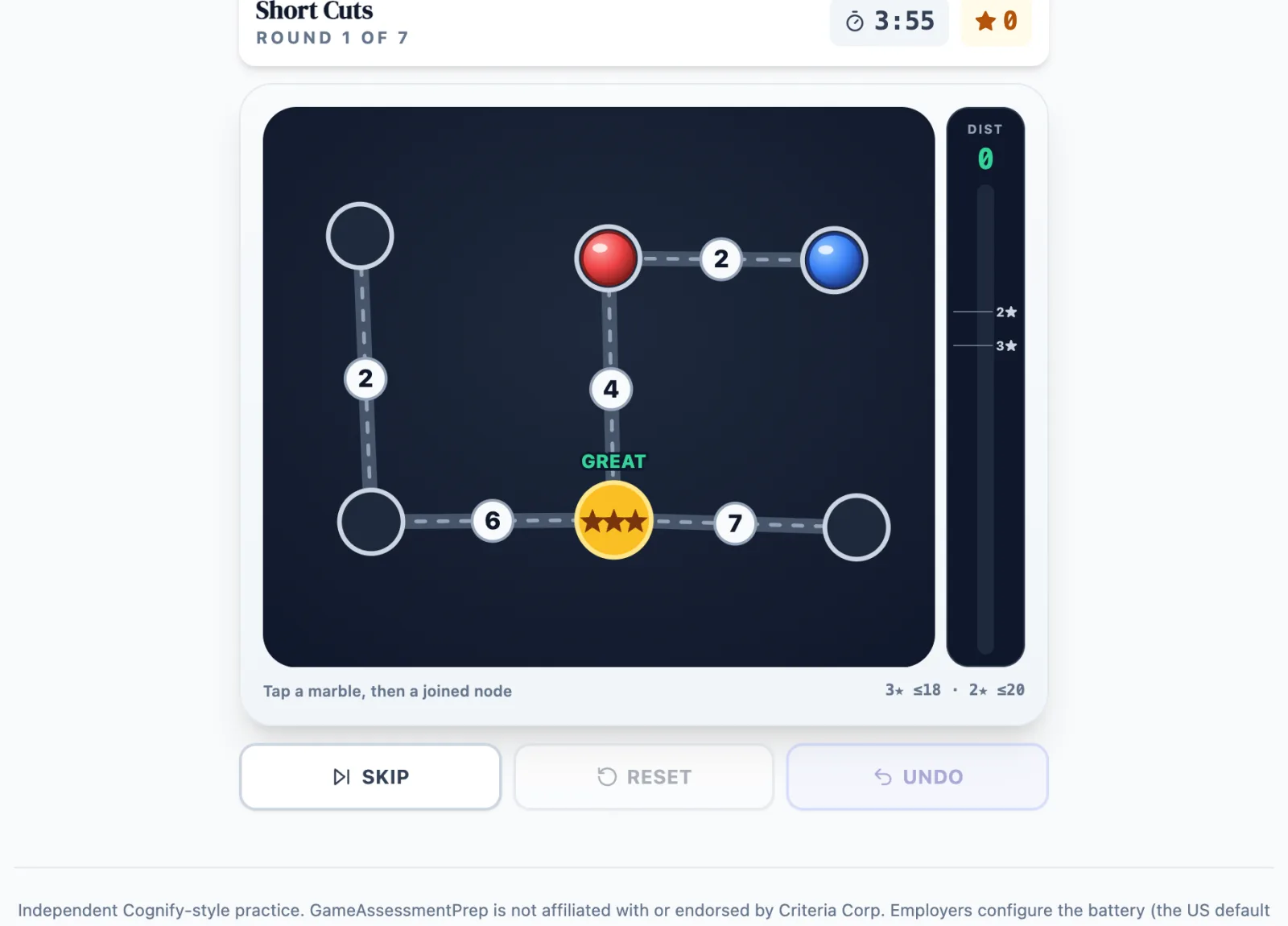 Short Cuts practice round on Game Assessment Prep — Route the marble to the star in the fewest track-units — 7 puzzles, one 4-minute clock.