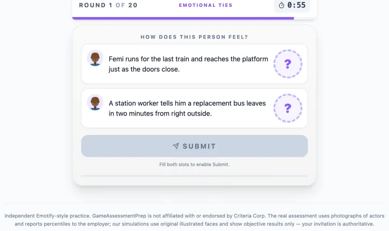 Emotional Ties practice round on Game Assessment Prep — Which expression fits the situation?