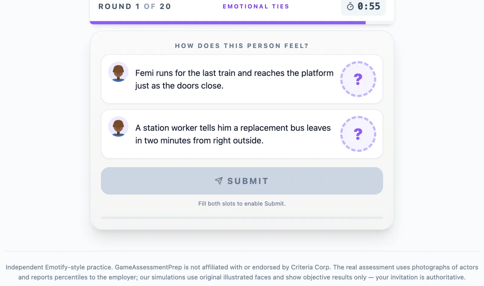 Emotional Ties practice round on Game Assessment Prep — Which expression fits the situation?