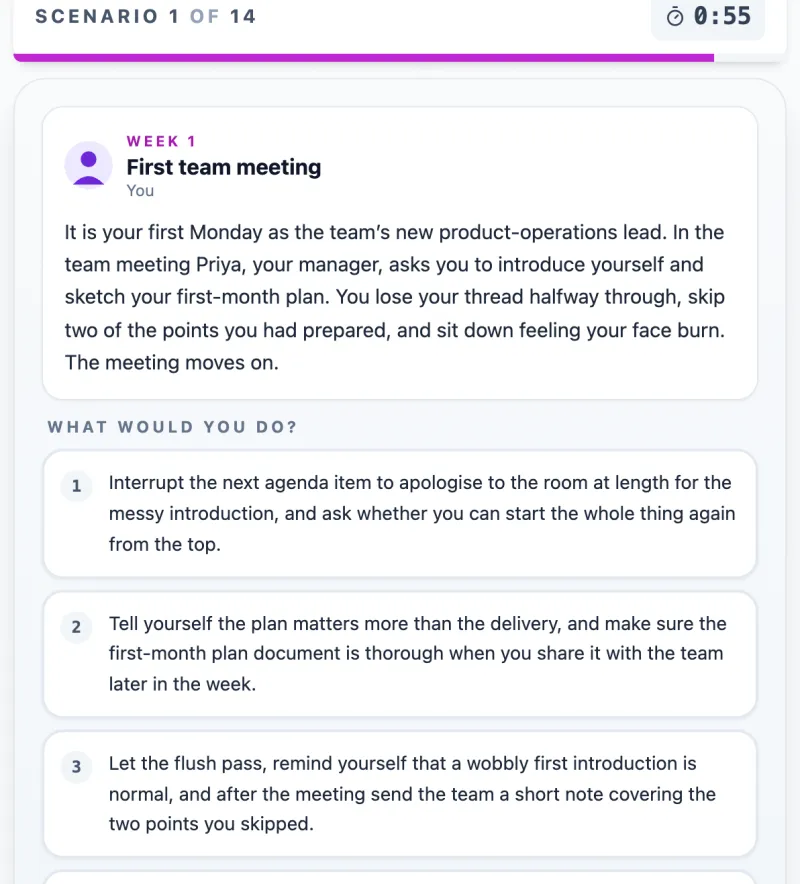 Emotions in Action practice round on Game Assessment Prep — A workplace story in 14 rounds — pick the response that best manages the emotion.