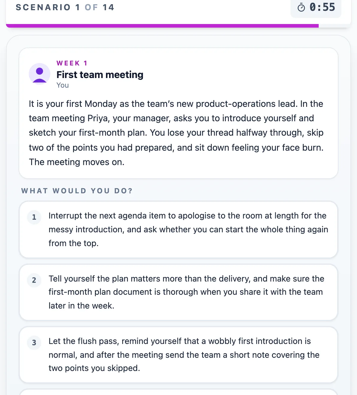 Emotions in Action practice round on Game Assessment Prep — A workplace story in 14 rounds — pick the response that best manages the emotion.