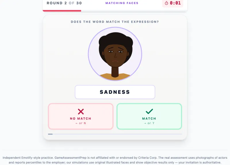 Matching Faces practice round on Game Assessment Prep — Does the word match the face?