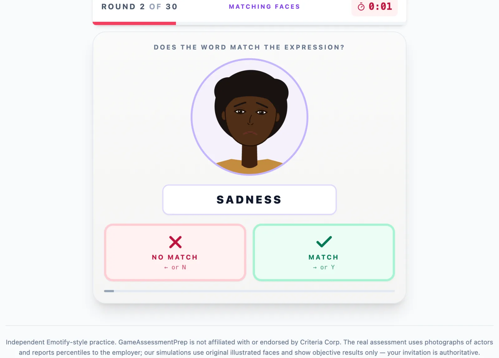 Matching Faces practice round on Game Assessment Prep — Does the word match the face?