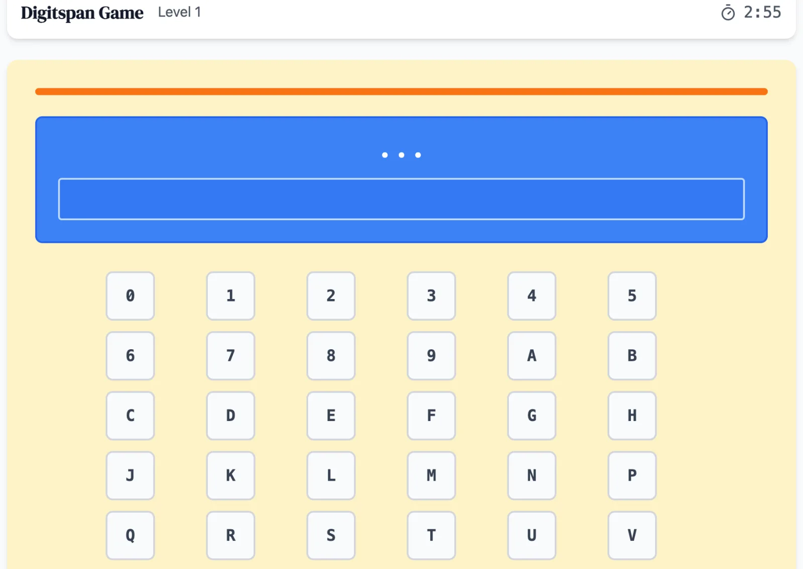 Digitspan practice round on Game Assessment Prep — Remember sequences of numbers and letters, then input them in the exact same order they were shown.