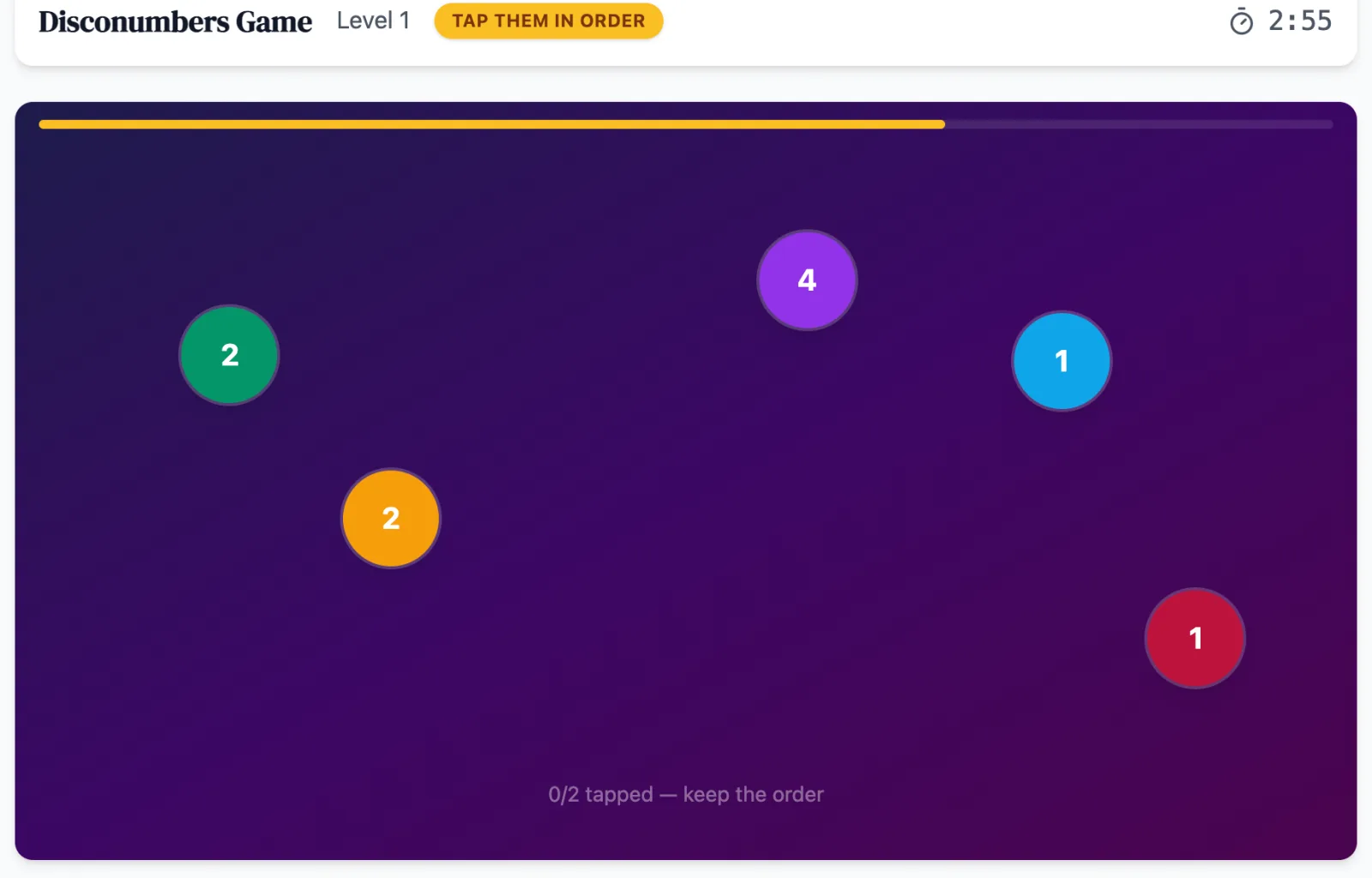 Disconumbers practice round on Game Assessment Prep — Watch circles light up in sequence, replicate the order, then pick the correct sum.