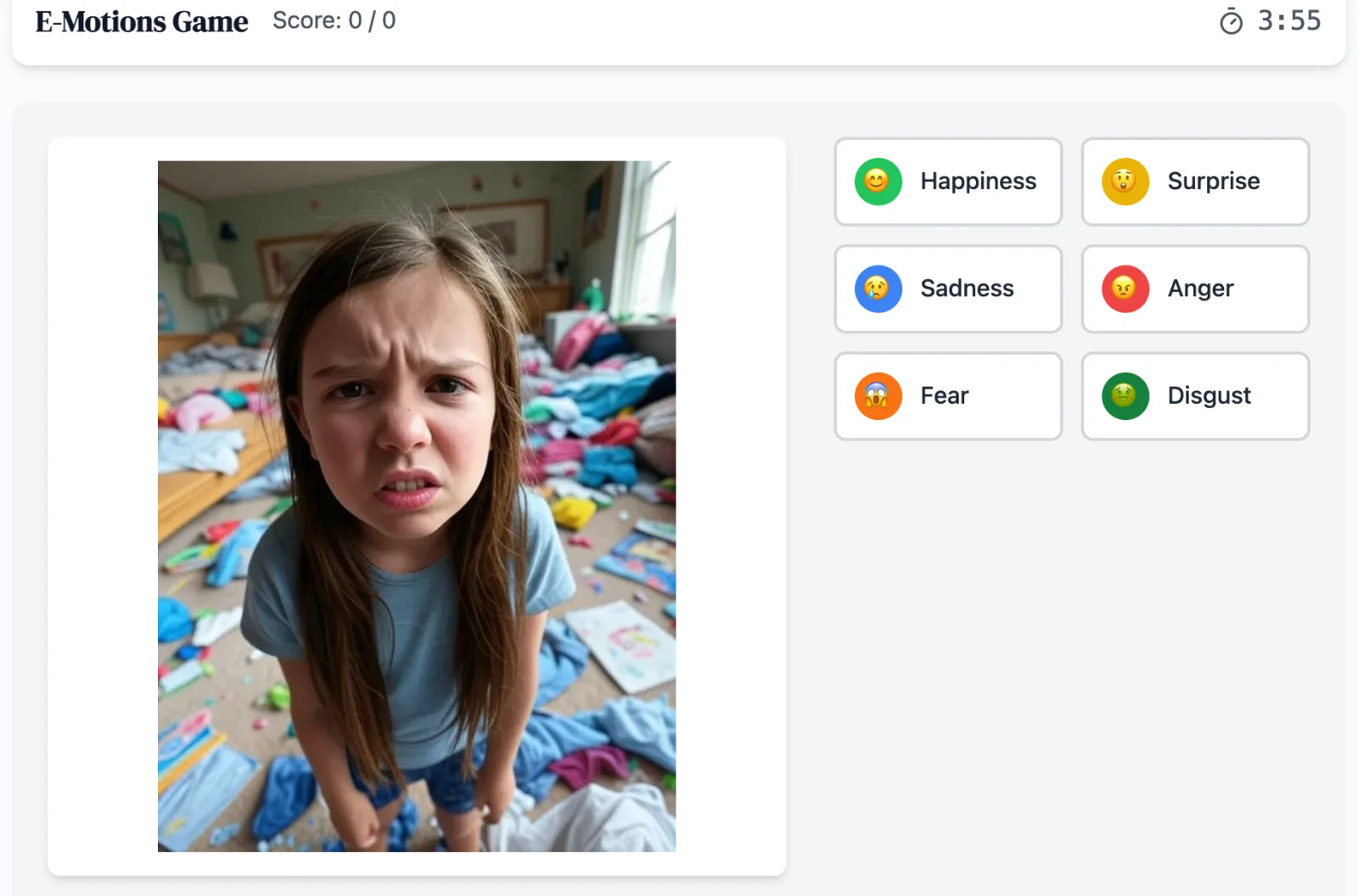 E-Motions practice round on Game Assessment Prep — Analyze a series of face and select the emotion that best matches the expression.