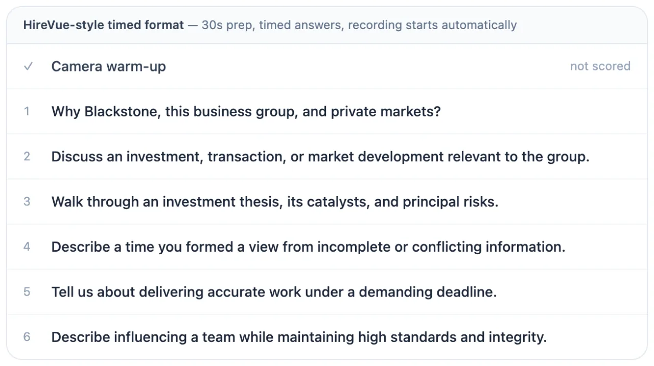 The question list of a Blackstone HireVue mock interview on Game Assessment Prep — camera warm-up, then six timed questions