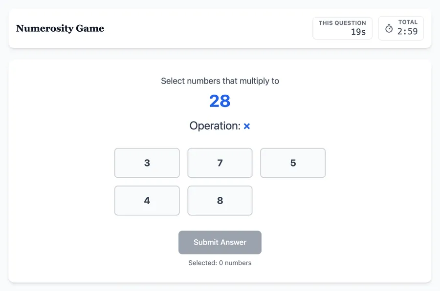 Numerosity practice round on Game Assessment Prep — Select the correct combinations to satisfy the provided mathematical condition.