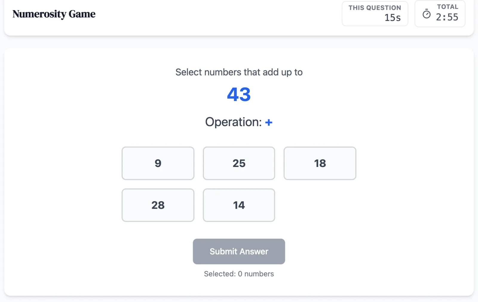Numerosity practice round on Game Assessment Prep — Select the correct combinations to satisfy the provided mathematical condition.