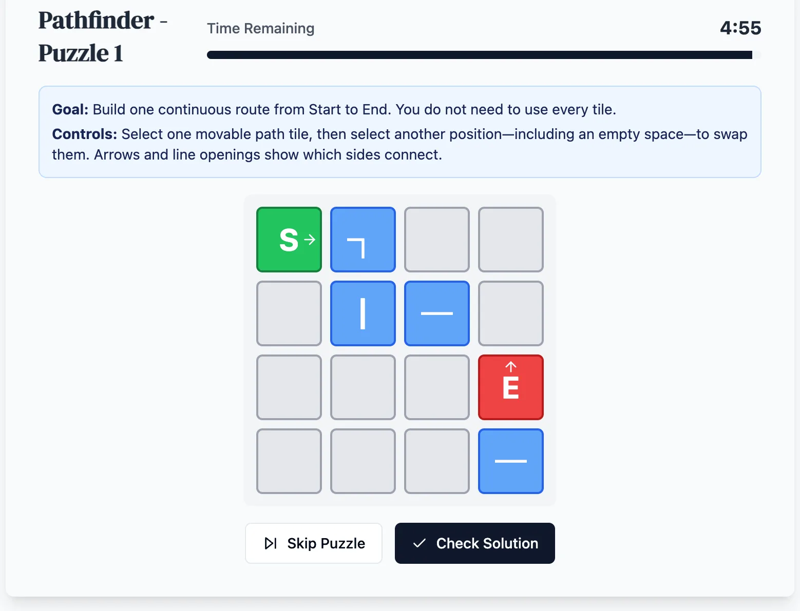 Pathfinder practice round on Game Assessment Prep — Move path tiles to create connected pathways.