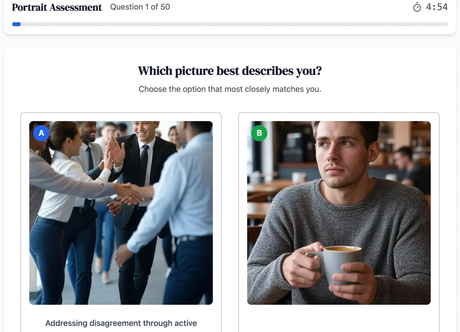 Portrait practice round on Game Assessment Prep — Select the image that best describes your work-style.