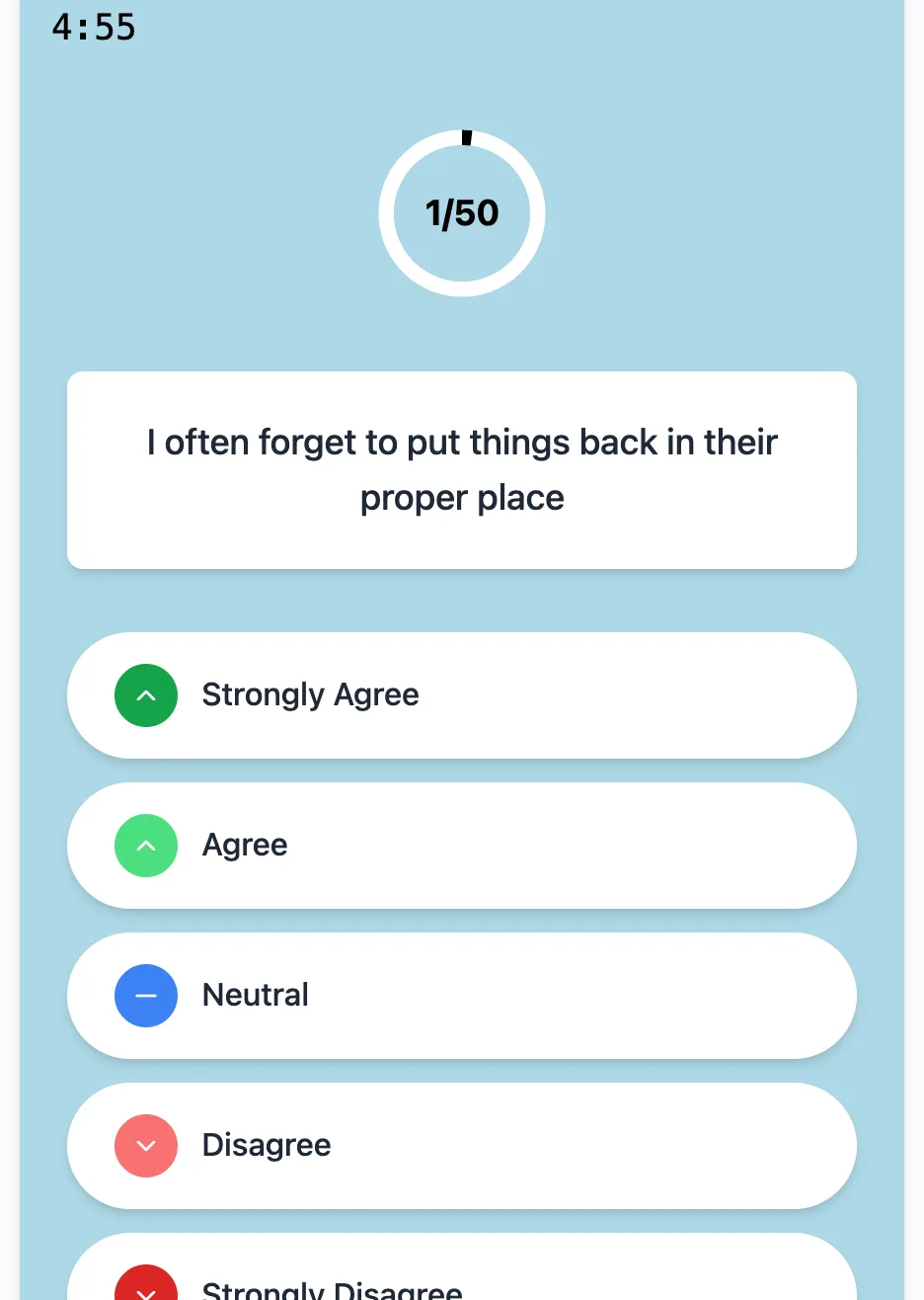PortraitXT practice round on Game Assessment Prep — Read statements about yourself and indicate your level of (dis)agreement.