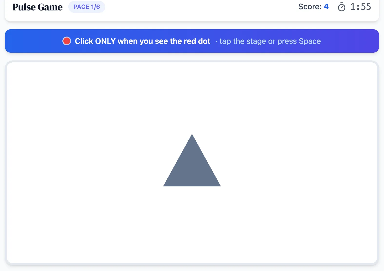 Pulse practice round on Game Assessment Prep — React only when the red dot appears — and hold back on everything else.