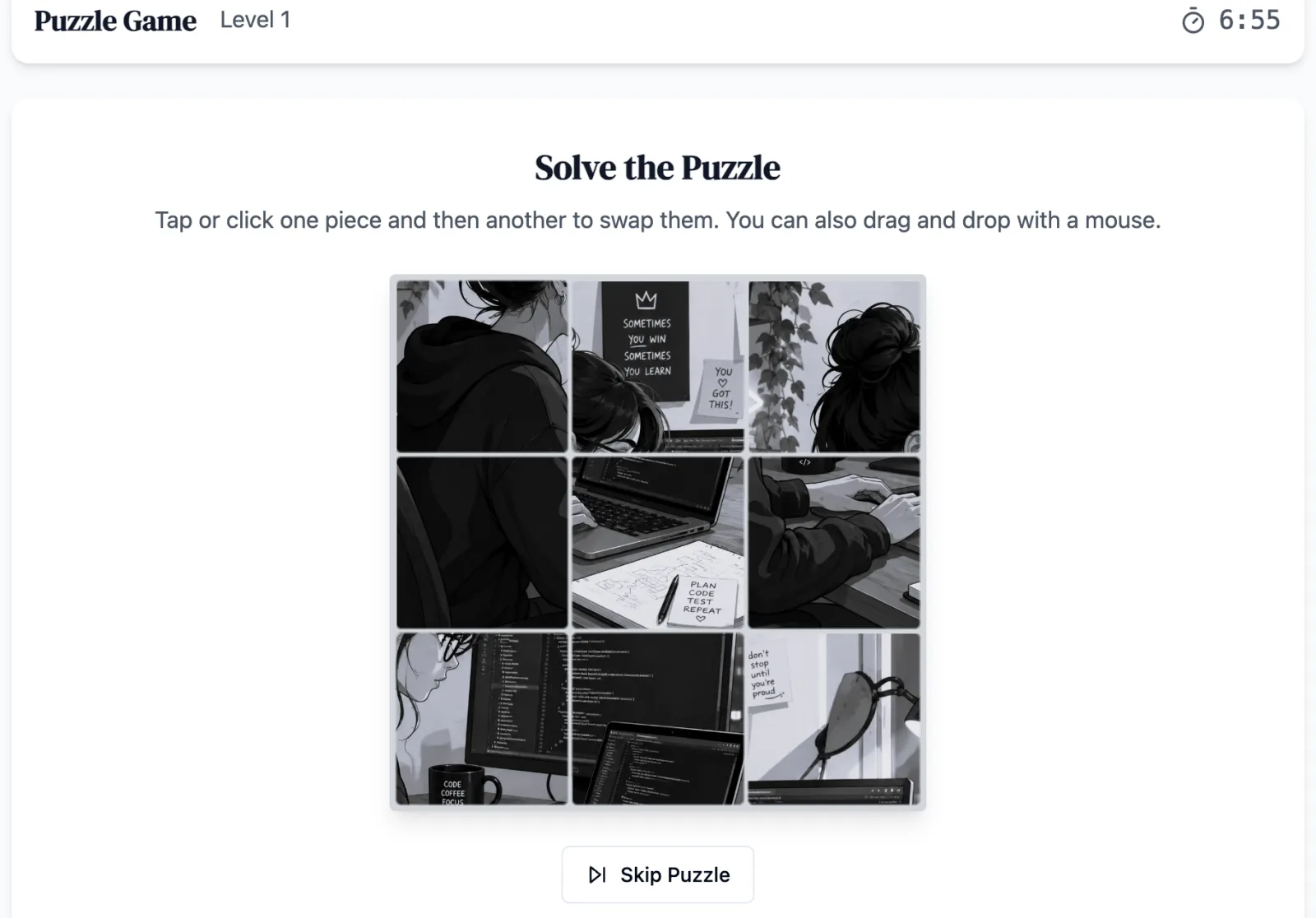 Puzzle practice round on Game Assessment Prep — Memorize an image and recreate it by rearranging scattered puzzle pieces.