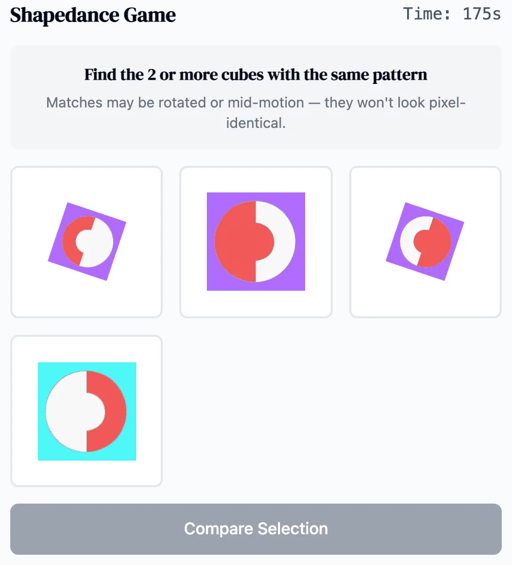Shapedance practice round on Game Assessment Prep — Find all colored shapes that match the target pattern.